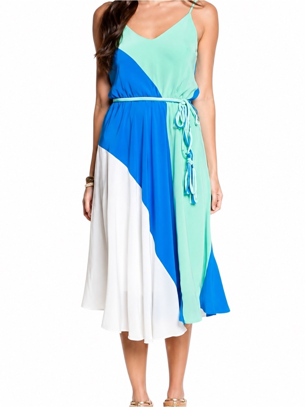Yumi Kim Silk Colorblock Midi Dress Blue Mint White XS